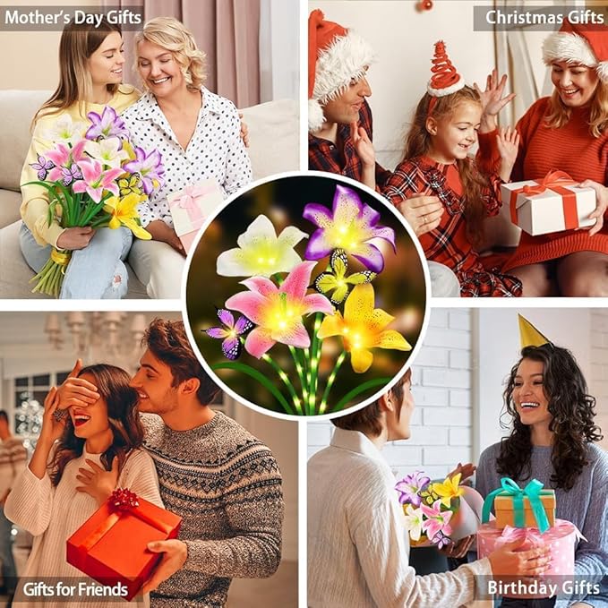 Solar Garden Lights 2 Pack with 8 lilies Outdoor Decorative flower Lights for Garden, Gift for family and Friends, IP65 Waterproof flower Solar Outdoor Stake Light for Yard Patio Lawn Pathway