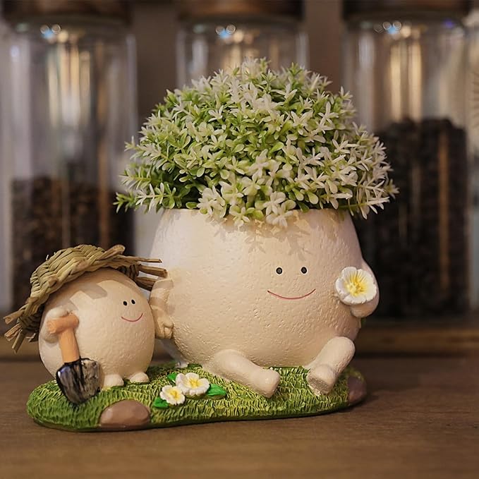 Smily Face Planter Pot with Cute Straw Hat Resin Head Planters with Drainage Hole for String of Pearls Plant Live Unique Succulent Pots for Indoor Outdoor Plants Gift IdeaI for Mother