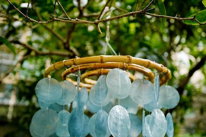 Capiz Shell Large Wind Chime for Outside Sea Glass Wind Chime Ocean/Beach Themed Chime Gift for Women Mother’s Day Decoration-Blue, 32"*11"
