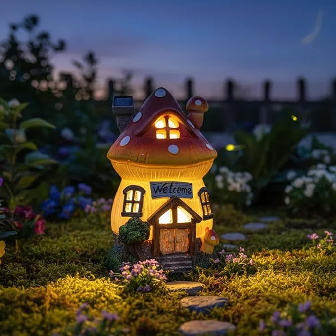 Garden Outdoor Figurines Statue with Solar Lights,Solar Mushroom House Decorations for Yard Outdoor Garden, Patio Yard Lawn, Gifts for Girls Birthday Housewarming Mother's Day (Mushroom House)