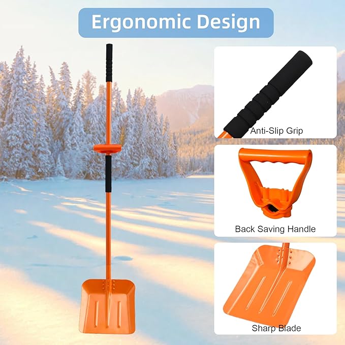Snow Shovel, 69 Inch Adjustable Handle Snow Shovel for Driveway Large Capacity Shovel with Ergonomic Back-Saving Tool Handle for Car Emergency Camping Garden, Orange