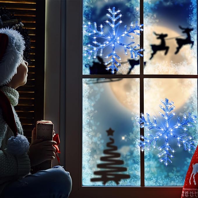 Christmas Window Snowflake Lights Decorations, Battery Operated Led Hanging Iron Lights, 8 Lighting Modes for Home Bedroom Indoor Outdoor Wall Holiday Decor (Blue, 4 Pack)