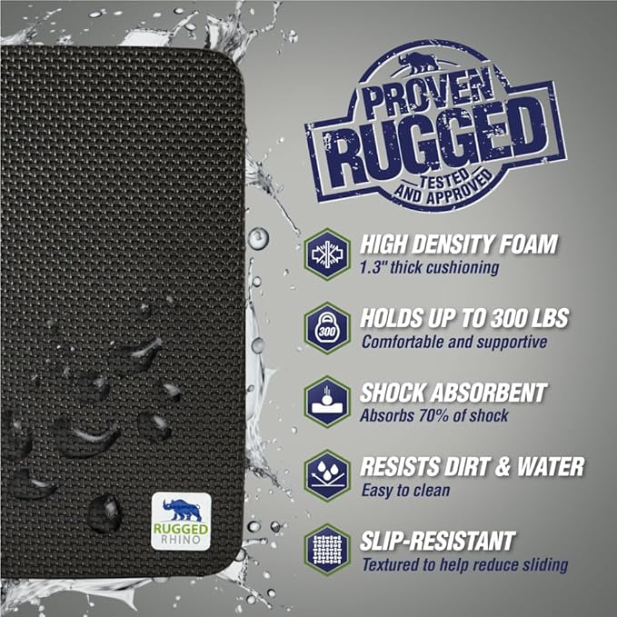 Rugged Rhino Heavy Duty Patent Pending Kneeling Pad, Shock Absorbent Thick Knee Pads, Holds Up to 300 lbs, Protect Knees from Hard Concrete Surfaces, for Mechanics, Yard Gardening, Gym, Onyx Black