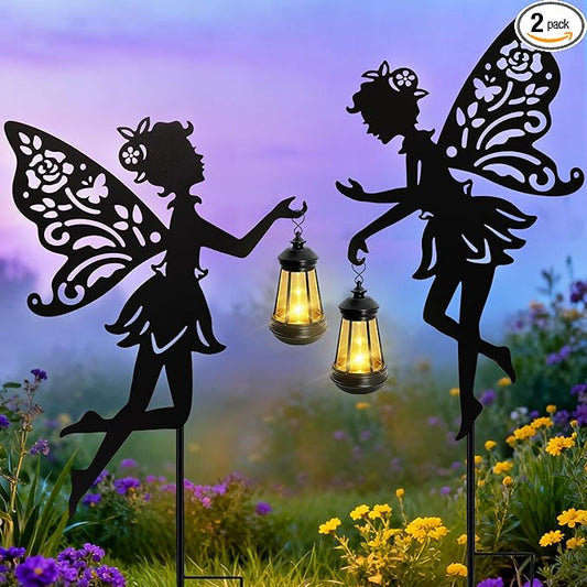 Solar Fairy Garden Statues Outdoor Decor, 2 Pack Metal Fairy Figurine Light Stake,Christmas Housewarming Ornament for Patio, Lawn, Yard, Pathway - Unique Gift Ideas for Gardening Mom Grandma Birthday