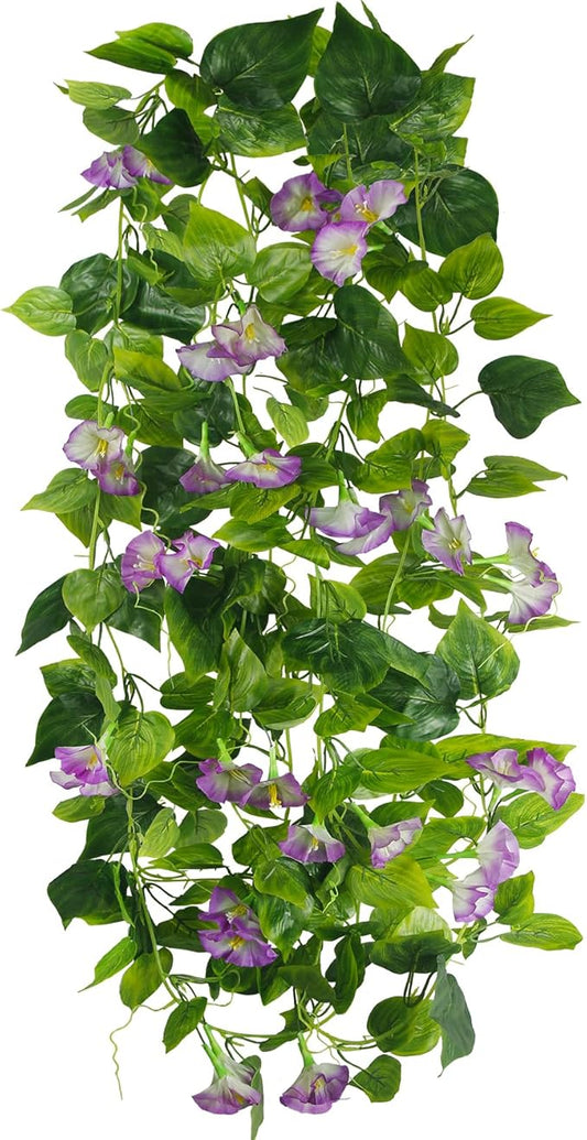 CISDUEO 2 Pcs Artificial Vines Silk Morning Glory Vines for Outdoor 15Feet Hanging Plants Garland Purple Fake Green Plant Morning Glories for Home Decor Wall Fence Stairway Wedding Hanging Baskets
