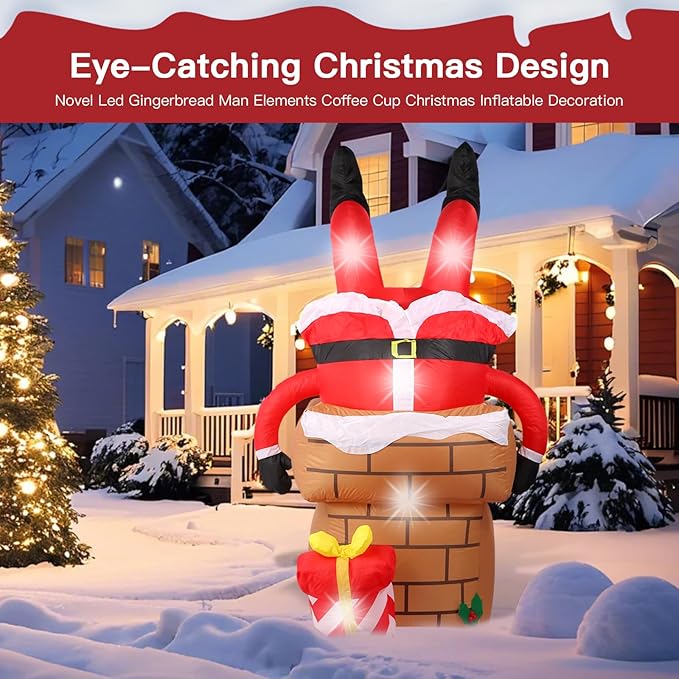 6FT Christmas Inflatables Decorations Outdoor，Blow Up Santa Claus Stuck in The Chimney with Built-in LEDs Lights for Indoor Holiday Party Yard Garden Lawn Décor