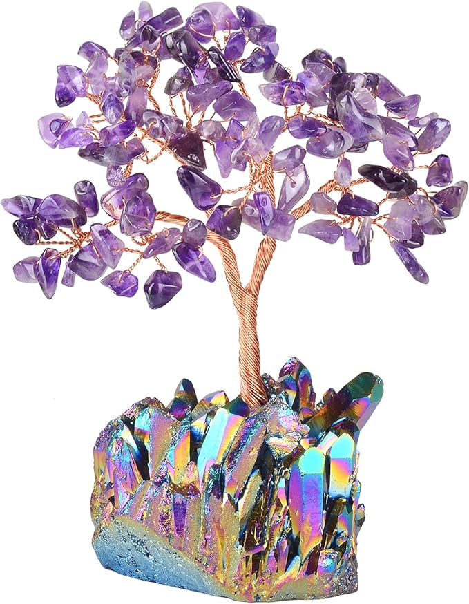 Natural Amethyst Crystal Tree, Quartz Cluster Rainbow Titanium Crystals Base, Feng Shui Bonsai Money Tree for Wealth and Luck