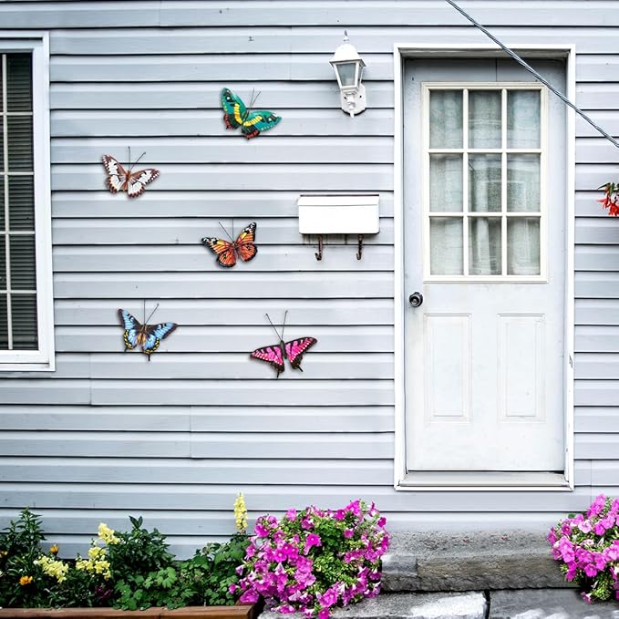 EOORAU Metal Butterfly Wall Decor - 5 Pack Lifelike Butterflies Wall Art Sculpture Hanging Decorations for Indoor or Outdoor, Yard Patio Fence Garden Decoration, Mother's Day Gift
