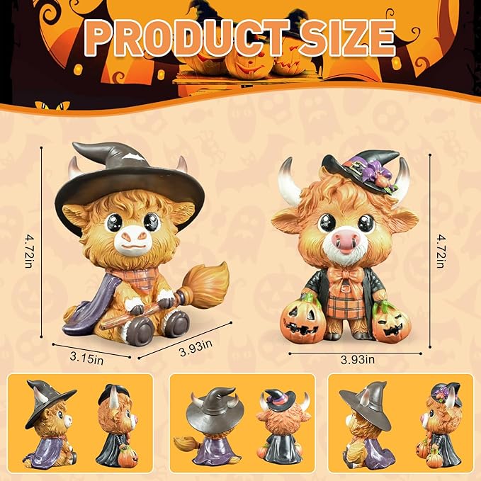 2PCS Cute Magic Highland Cow Figurine Witch Hat Broom Cow Gnomes Resin Statue Christmas Scottish Highland Cow Decor Calf Lovers Gifts Farmhouse Office Home Tiered Tray Decor