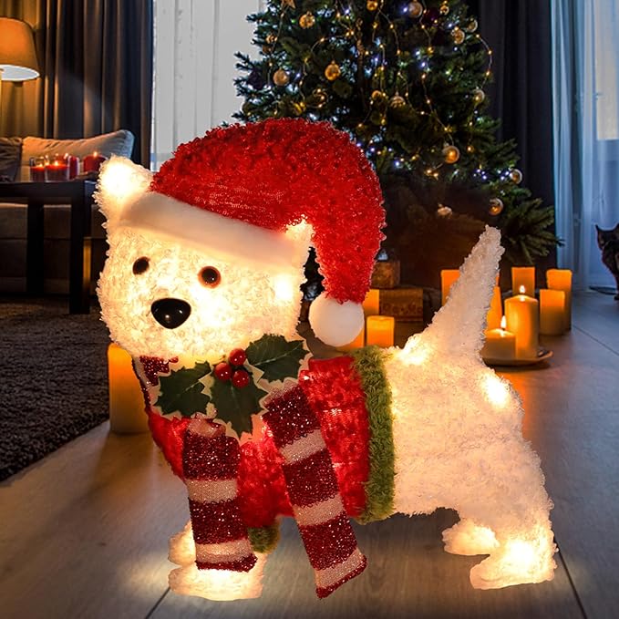 Christmas Outdoor Decoration Lighted Dog 14" Xmas 25 LED Warm Lights 3D Decor Indoor, Battery Powered Outdoor Holiday Decorations for Home, Yard, Garden