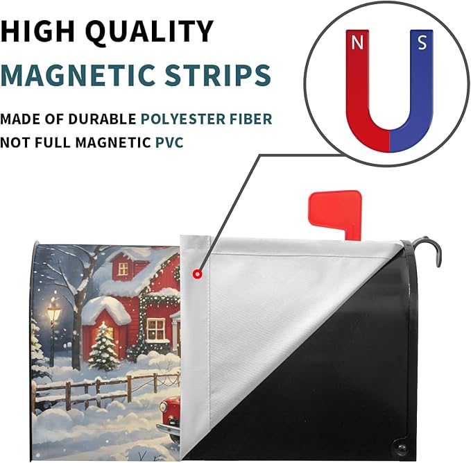 Christmas Mailbox Covers Magnetic Standard Size Red Truck House Xmas Winter Scene Mailbox Wraps Holiday Themed Outdoor Decorative Letter Box Cases for Home Garden Outside Decor, 21x18 Inch