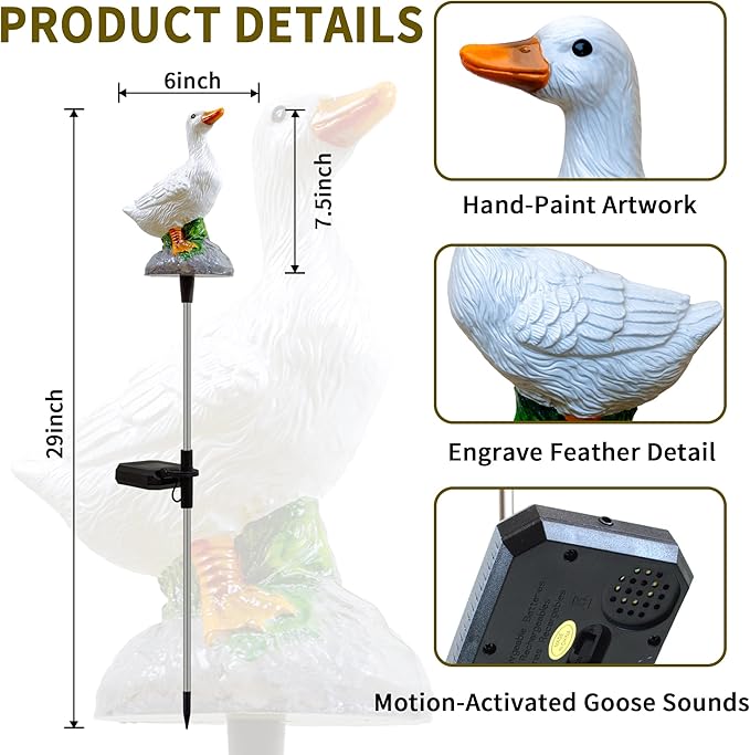 Solar Porch Goose Statue Garden Decor, 29 inch with Motion-Activated Sound Outdoor Decorative Garden Stake Lighting for Lawn Patio Yard Balcony - Unique Goose Gift for Garden Lovers