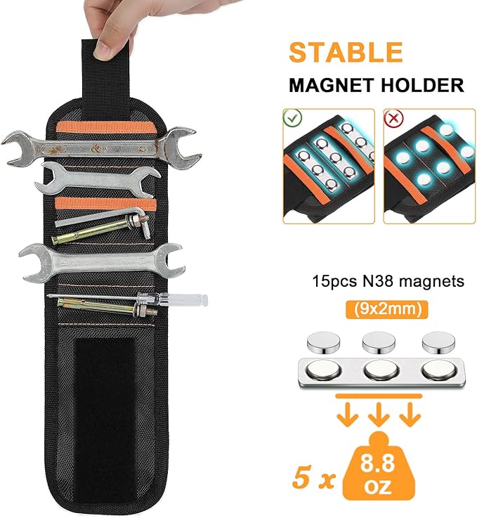 vidsel Magnetic Tool Holder Belt & Wrist-Band (15 N38 Magnets), Adjustable Work Gadget for Electricians/DIY/HVAC, Screws, Nails, Drill Bits Organizer, Birthday Gift for Men, Dad, Husband, Black