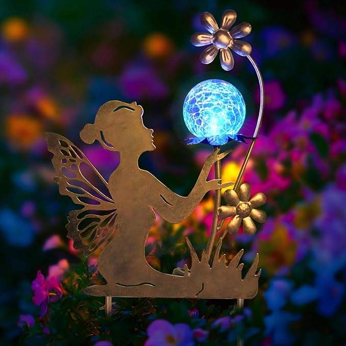 HONGLAND Fairy Solar Lights Garden Decor for Outside, Fairy Figurine Moon Lights Stake Housewarming Gifts for Patio Lawn Yard Pathway Outdoor Home Decor- Unique Gardening Gifts for Women Mom Grandma