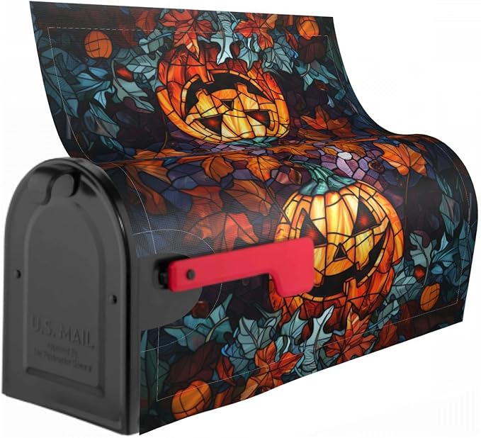 Scary Halloween Pumpkin Mailbox Covers - Stained Glass Autumn Fall Magnetic Standard Size 18 x 21