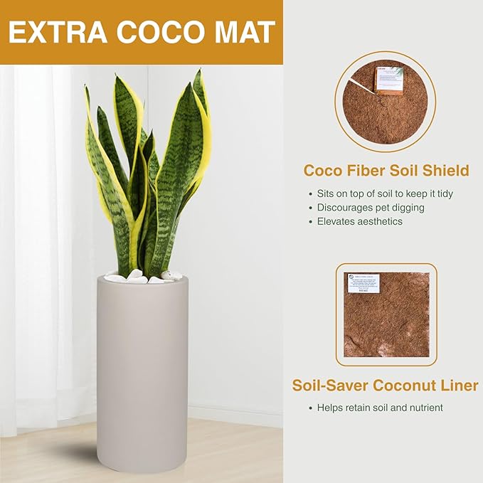 19.5"H x 9.8"D Tubo Fiberstone Cylinder Tall Planter, Christmas Tree Planter, Smooth Finishes, Weather Resistant for Indoor & Outdoor Use, Included 2 Extra Coco Mats (Taupe,8.2" Pot Opening)