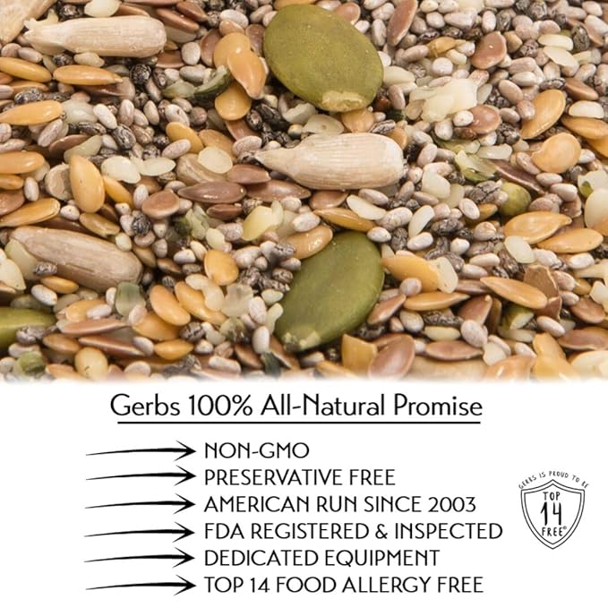 Gerbs Super 7 Seed Snack Mix 14 oz. | Raw, No Artificial Additives, Resealable Bag | Crunchy Pumpkin, Sunflower, Brown & Golden Flax, Black & White Chia, Hemp | Top 14 Allergen-Free