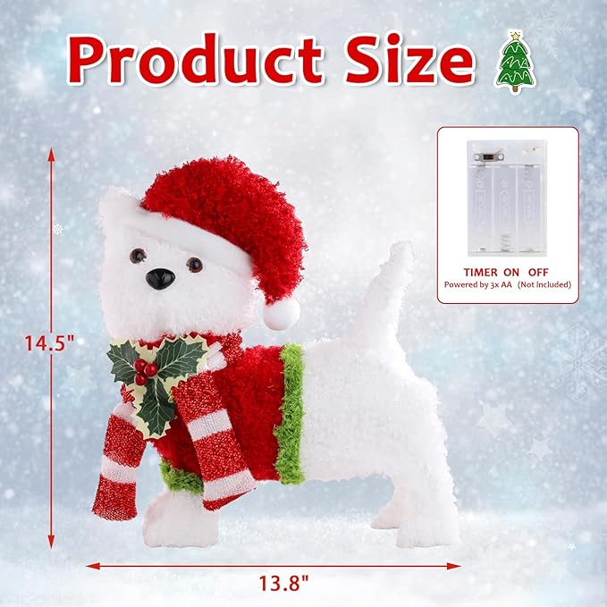 Christmas Lighted Dog Decoration Pre-lit 3D Glittered Fluffy Puppy Battery Operated Lighted Up Standing Ornament Outdoor Indoor Christmas Decoration for Home Lawn Yard Garden Display