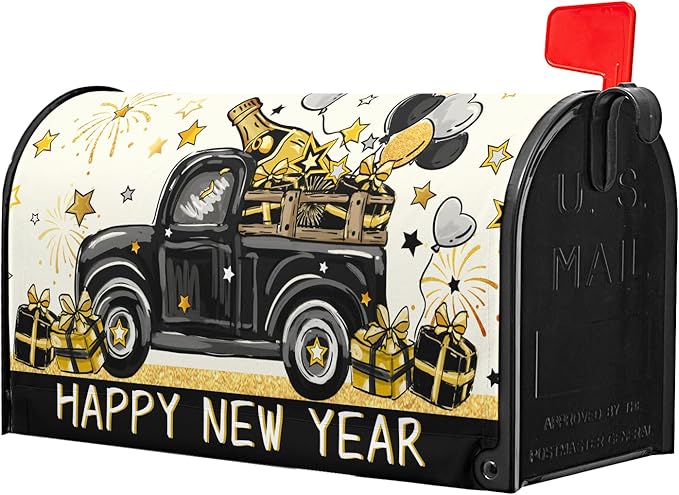 Happy New Year Mailbox Cover Magnetic Standard Size 21x18 Black Truck Mailbox Covers for Winter Holiday Garden Yard Outdoor Decoration