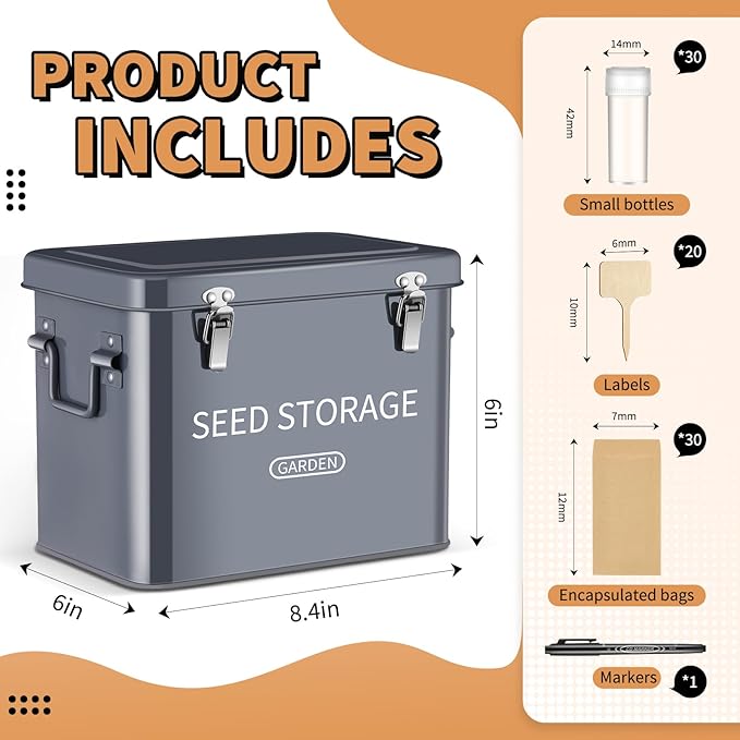 Blulu 85 Pcs Seed Storage Organizer 3 Compartment 30 Slot Metal Seed Saving Box with Lid and Lock with 1 Marker Pen, 20 Plant Labels, 30 Envelopes, 30 Bottles, Stickers for Garden Flower Plant(Grey)