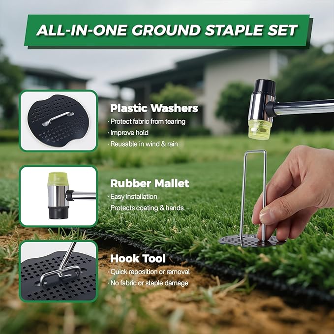 50Pcs Landscape Fabric Pins+50Pcs Gasket+Pick Hook+Rubber Mallet, 6 Inch Landscape Fabric Staples 11 Gauge U Shaped Galvanized Landscape Pins Yard Ground Pin for Weed Barrier Sod Fabric Decoration
