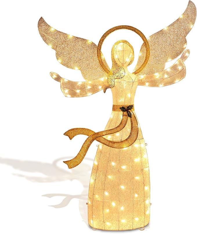 5.6FT Lighted Christmas Angel Outdoor Pre-lit 3D Glittered Angel Lighted Up Standing Ornament Outdoor Indoor Christmas Decoration for Home Lawn Yard Garden Display