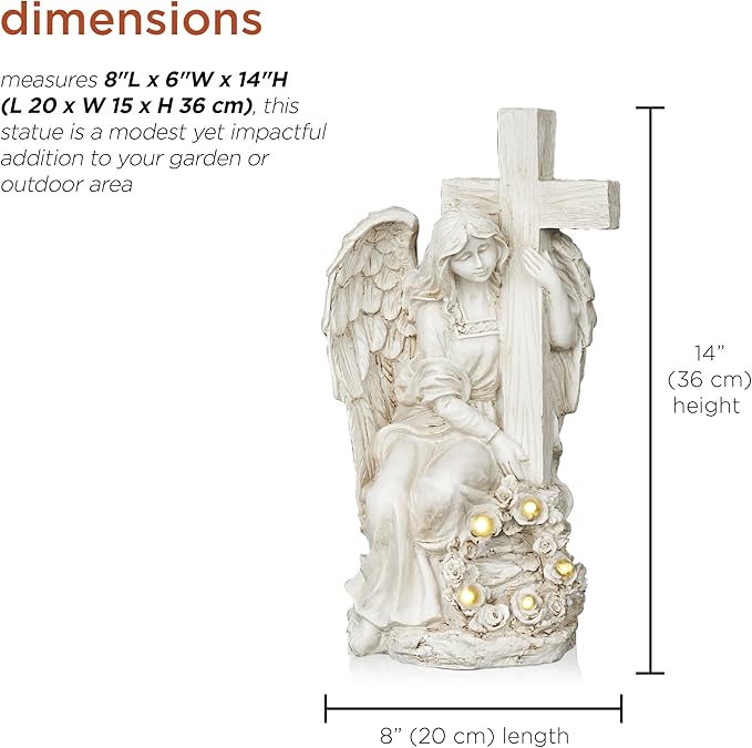 Alpine Corporation KGD574SLR Solar Angel Holding Cross Statue with LED Lights, Sentimental Decor for Garden, 14" H, White