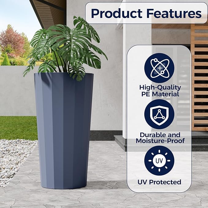 23.6" Tall Planters for Outdoor Plants, Large Outdoor Planters for Porch Decor with Drainage Hole, Wide Stripe Design Flower Pots Fits Indoor Plants Patio/Garden, Plastic Gray Blue (2 Pack)