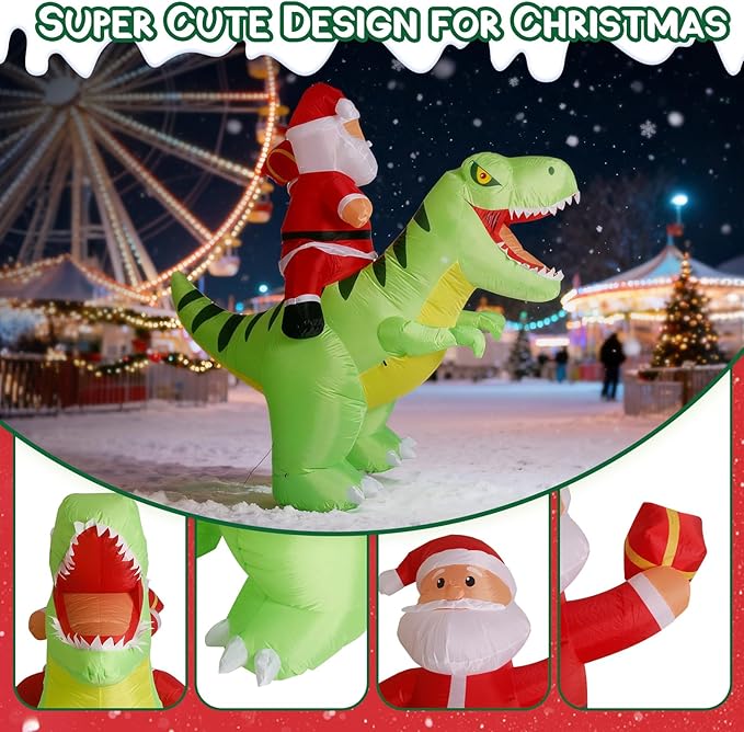 8.7x8FT Christmas Inflatable Santa Claus Ride on Dinosaur, Christmas Inflatables Santa Outdoor Decoration with LED Lights, Inflatable Christmas Decorations Xmas Party Decor