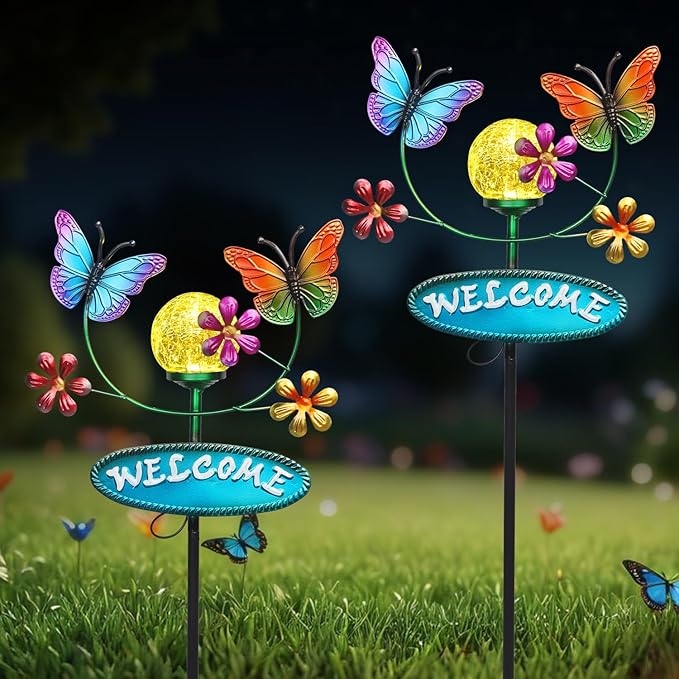 Solar Garden Stakes Metal Welcome Signs for Outside 28.1' - 2 Flying Butterflies with Cracked Glass Ball,Decorative Garden Stakes for Lawn, Patio, Butterfly Gifts for Women