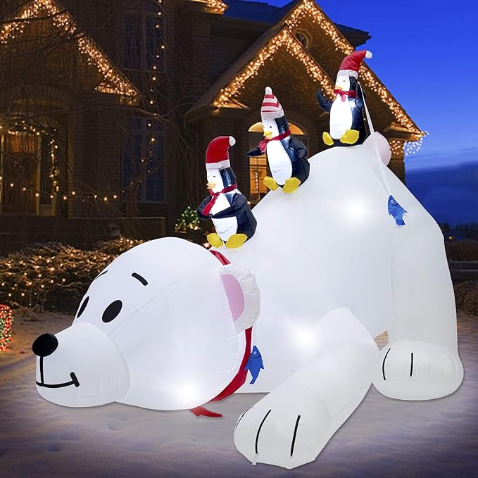 Juegoal Christmas 7.7(L) x 6 FT(H) Inflatables Lighted Polar Bear with Three Penguins, Blow Up White Bear Happy Fishing Penguin, Indoor Outdoor Xmas Winter Decor Lawn Yard Garden Decorations