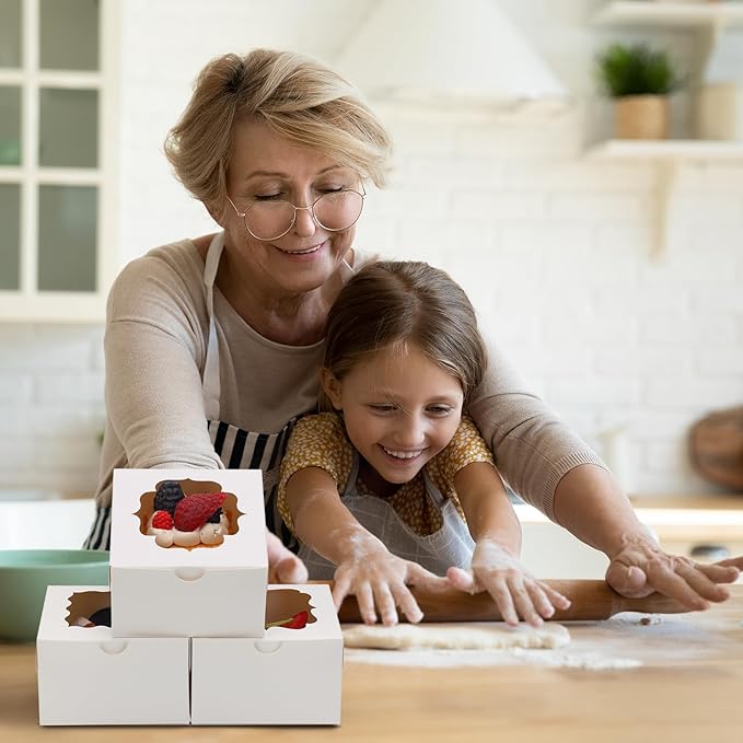 TOMNK 150pcs White Cookie Boxes with Window,4x4x2.5 Inch Small Bakery Boxes, 3 Style, for Dessert, Chocolate Strawberries Donuts and Party Favor