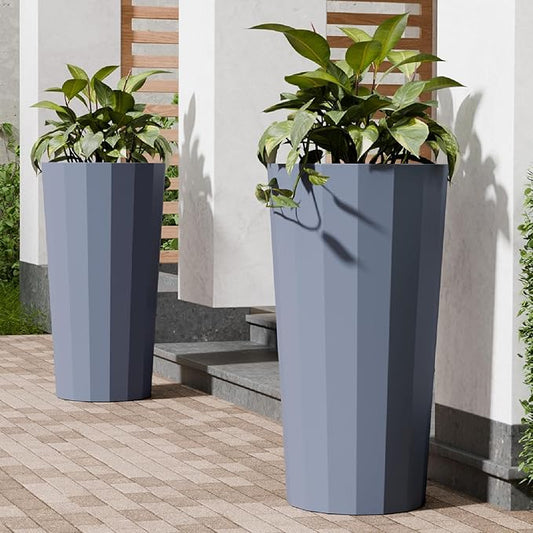 23.6" Tall Planters for Outdoor Plants, Large Outdoor Planters for Porch Decor with Drainage Hole, Wide Stripe Design Flower Pots Fits Indoor Plants Patio/Garden, Plastic Gray Blue (2 Pack)