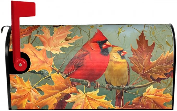 Fall Birds Mailbox Cover Magnetic, Autumn Maple Leaves Chestnut Tree Mailbox Wrap, Standard Size 21x18 Inch Waterproof Letter Post Cover for Garden Yard Outdoor Seasonal Decor
