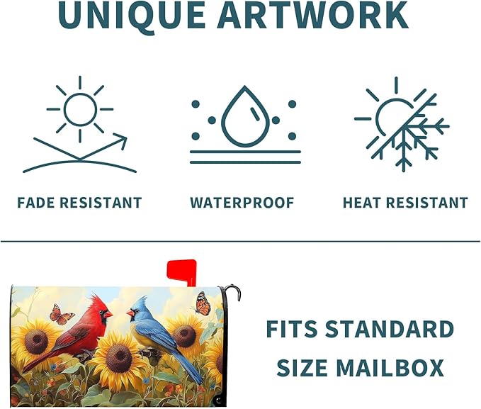Sunflower Birds Mailbox Cover Magnetic 21x18 Inch Standard Size Spring Summer Floral Butterfly Waterproof Mailbox Wrap Post Cover for Outdoor Outside Garden Yard Seasonal Decor