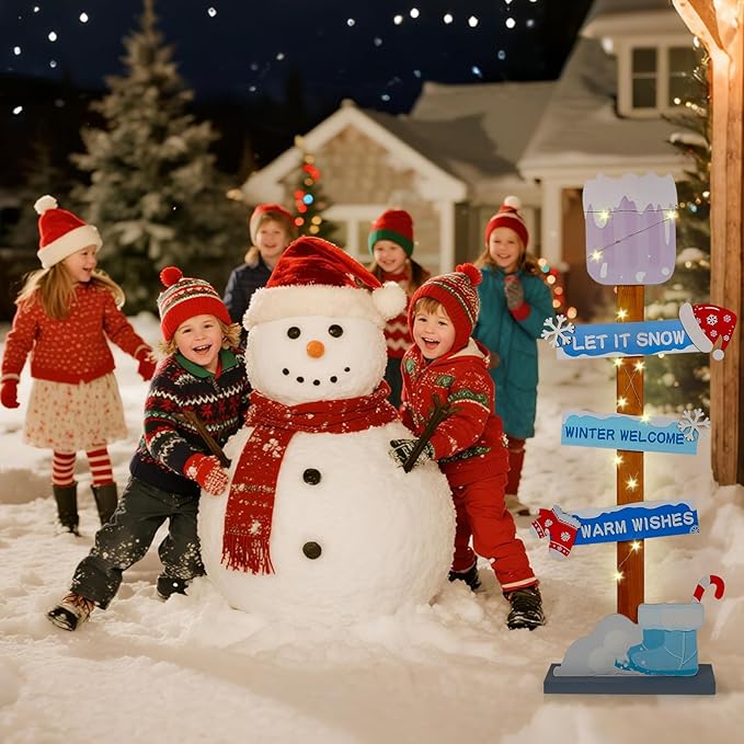 Lighted Wooden Christmas Porch Sign | Let It Snow Winter Welcome Porch Decor |Xmas Hat Gloves Candy Cane Wood Signs for Winter Wonderland Bule Christmas Decorations