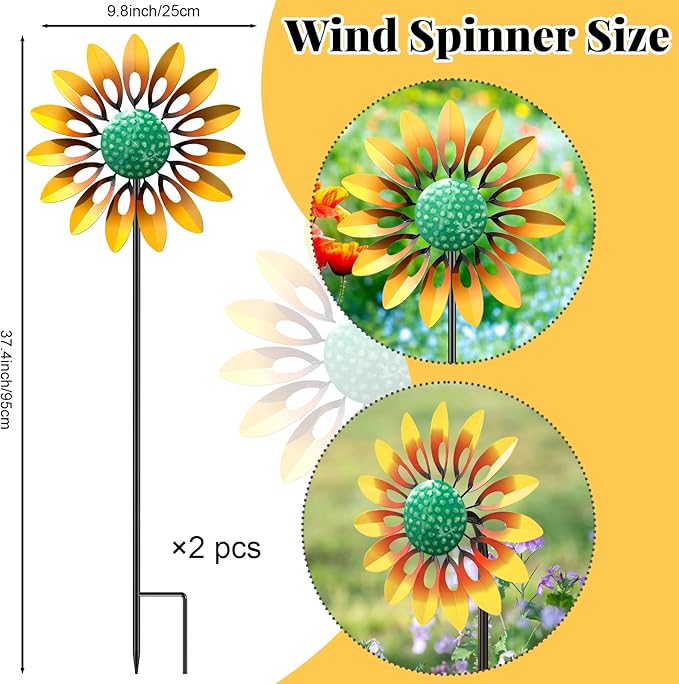 2pcs Sunflower Wind Spinner Outdoor, Freestanding Kinetic Wind Sculpture with Stake, Metal Windmill for Outside Garden Lawn Yard Art Decorations Yellow
