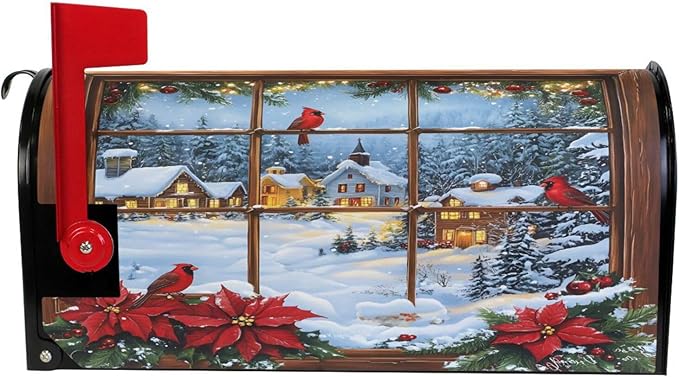 SUABO Mailbox Cover Window Poinsettia Cardinal Oversize Magnetic Mailbox Covers Wraps for Christmas Home Yard Garden Decor