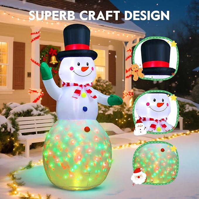 Christmas Inflatable Outdoor Decorations, with Rotating Colored Light+LED Lights, Large Blow Up Yard Decor,Christmas Party Outdoor, Yard, Garden, Lawn Winter (6.5FT Snowman+3 Colors Light)