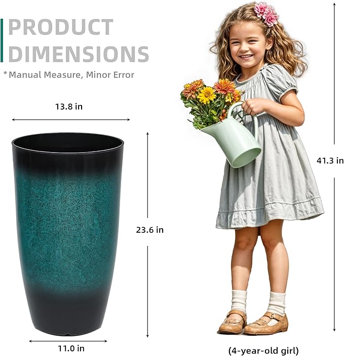23.8" Tall Pots for Plants Ceramic Style Large Plant Pot Outdoor Set of 2 Indoor Flower Pots for Front Porch Decor Durable Plastic Planters for Garden, Patio, Living Room, Turquoise