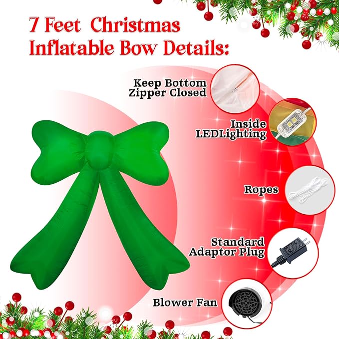 Christmas Inflatables Lighted Yard Lawn Inflatable Decoration with Built-in Fan and Stakes Ropes Holiday Party Decor, Christmas Decor (7FT-Green Bow)