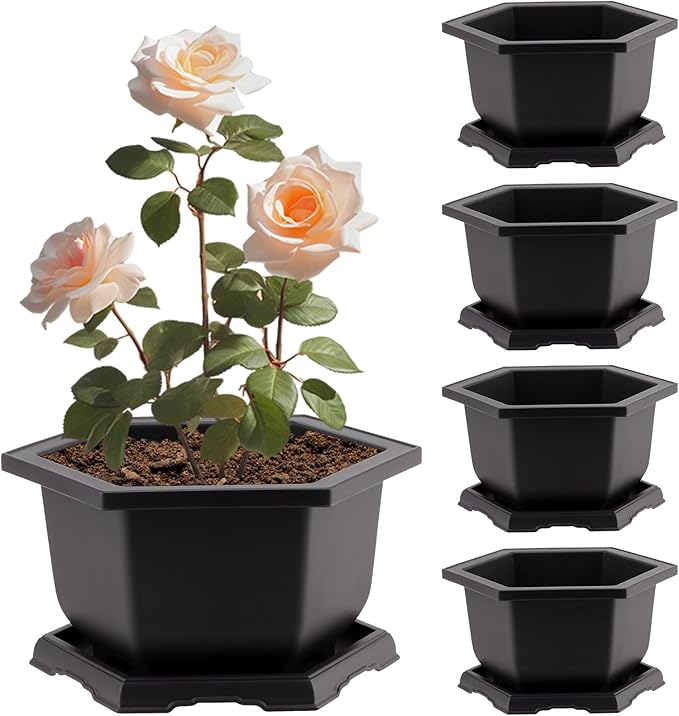 PINGEUI 4 Pack Plastic Bonsai Pot, 7.5 Inches Bonsai Training Pots with Drainage Humidity Tray, Large Bonsai Plant Tree Pots for Garden, Yard, Balcony