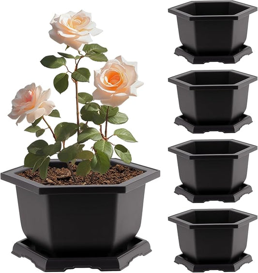 PINGEUI 4 Pack Plastic Bonsai Pot, 7.5 Inches Bonsai Training Pots with Drainage Humidity Tray, Large Bonsai Plant Tree Pots for Garden, Yard, Balcony