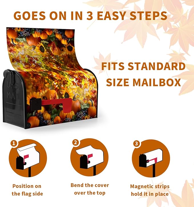 Fall Autumn Pumpkin Mailbox Cover Magnetic Large Size 25.5X21 Inch Harvest Maple Leaves Letter Box Cover Yellow Pumpkins Fall Mail Wraps Post Garden Decorations