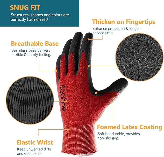 COOLJOB Gardening Gloves for Men, 6 Pairs Breathable Rubber Coated for Garden Weeding Landscaping, Outside Work for Lawn Yard, Men's Xlarge Size, Black & Red