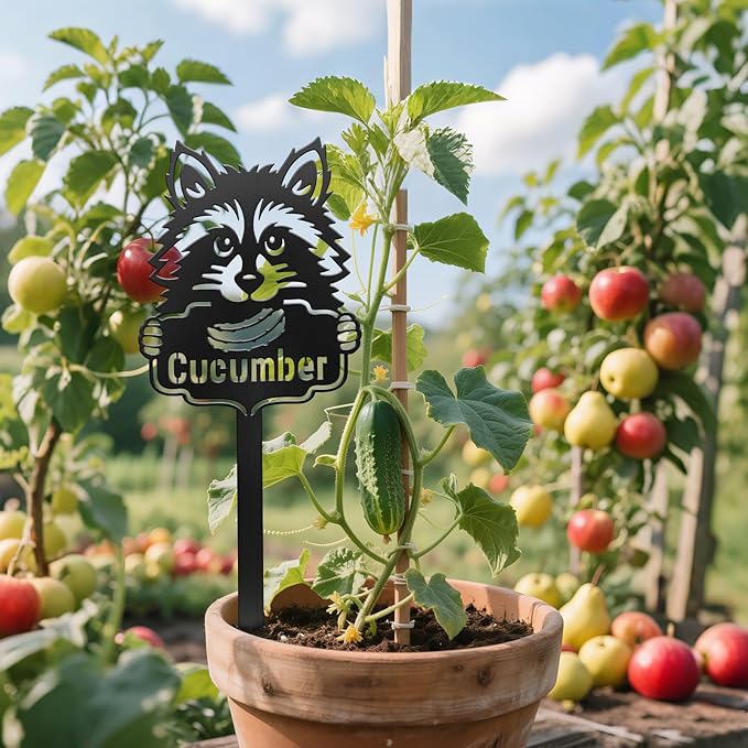 CUTHOLLOW Metal Plant Marker Stake Cucumber and Raccoon for Outdoor Indoor, Waterproof 11.8 inch Cute Garden Plant Labels Sign Tag for Vegetables, Farmhouse Greenhouse Decor - Funny Gardening Gifts