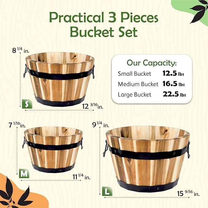 Idzo Set of 3 Wooden Flower Boxes Outdoor, Durable Acacia Wood Barrel Planters for Outdoor Plants with Ergonomic Handles, Drainage Holes, Multiple Sizes Wood Bucket Planter for Home Decor