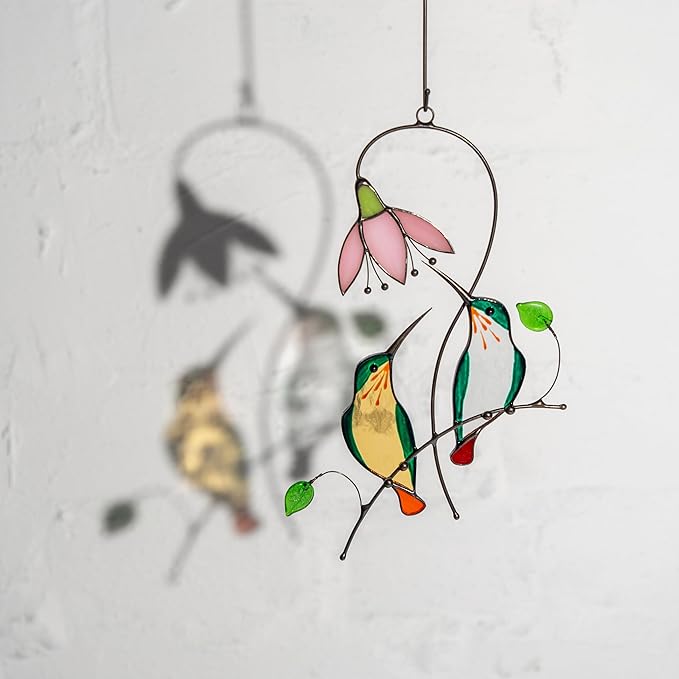 Hummingbird Cardinal Birds Stained Glass Suncatcher Genuine Stained Glass Window Hangings Unique Indoor Ornament & Outdoor Decor (Two Hummingbirds)