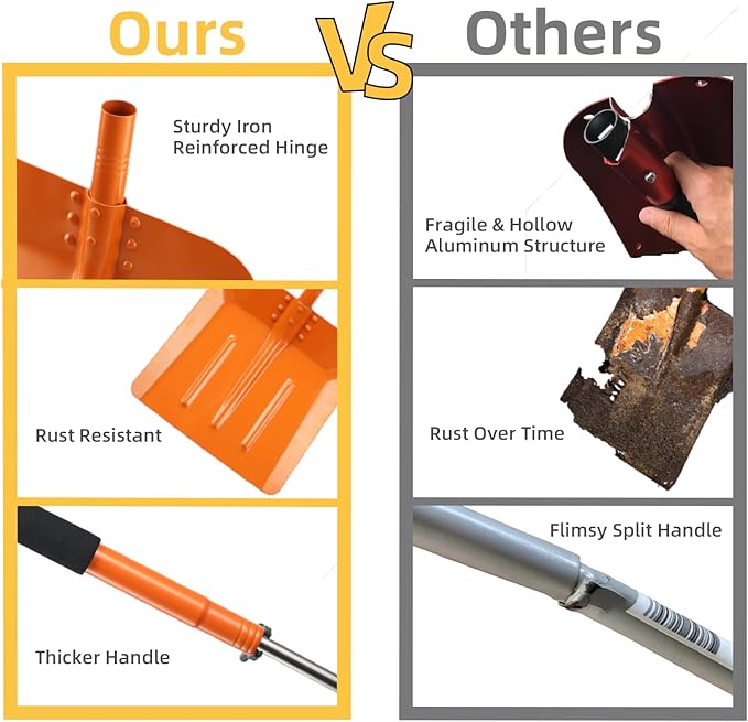 Snow Shovel for Driveway 69 Inch Portable Shovel with Back-Saving Tool Handle Adjustable Large Capacity Snow Shovel for Car Multifunctional Shovel for Cars Garden Farm, Orange