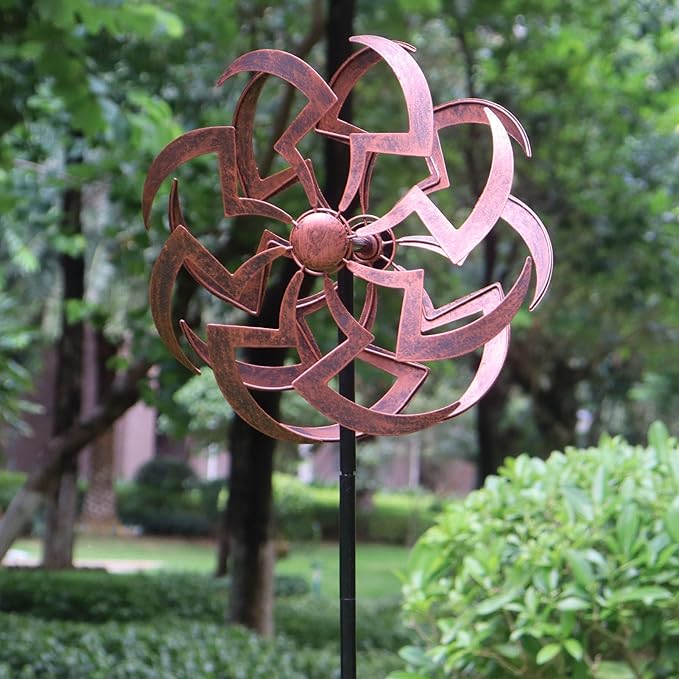 Garden Wind Spinner Outdoor Decor, Dual Rotating Blades Kinetic Sculpture with Artistic Geometric Design, Durable Metal Yard Art 63x13 Inch